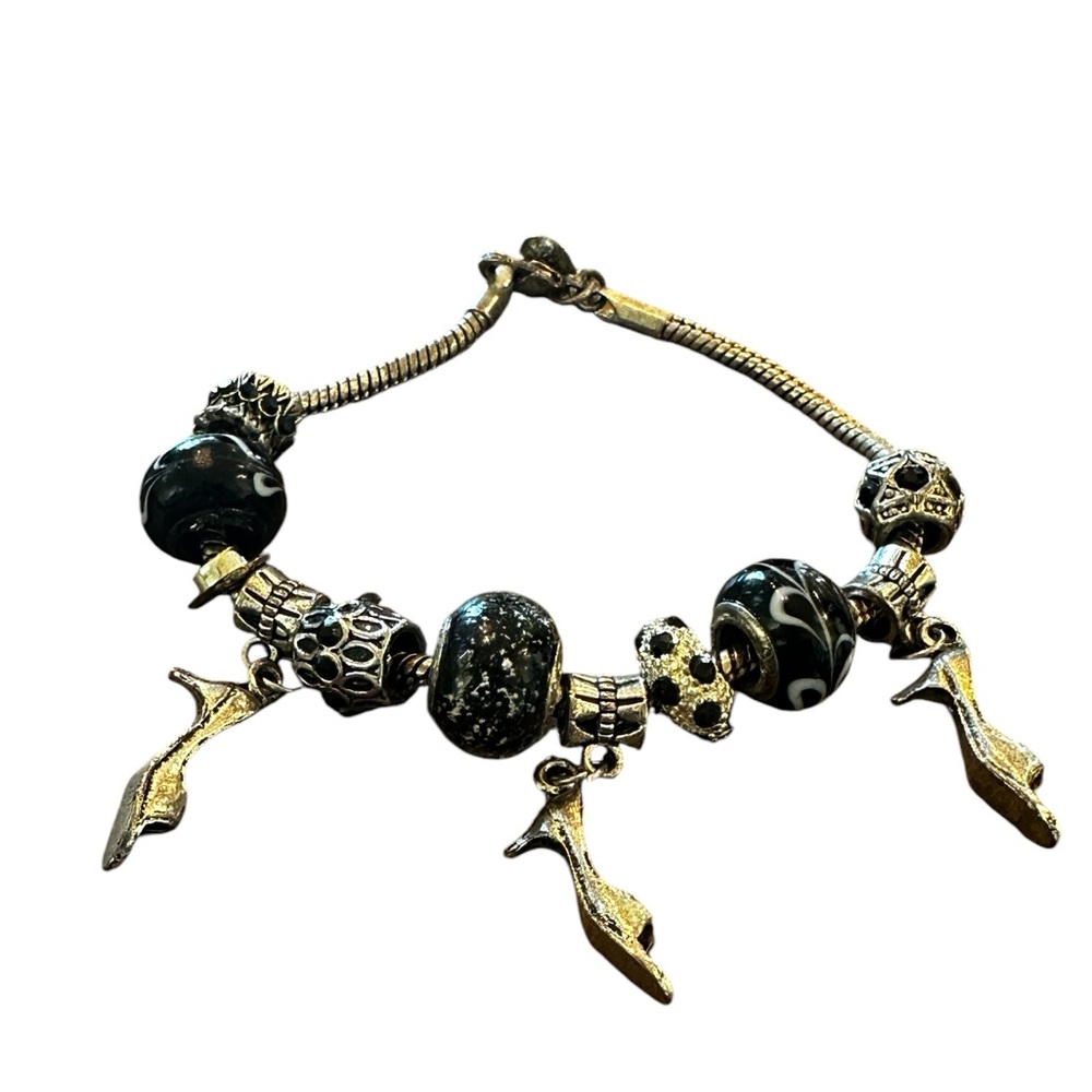Sterling silver charm bracelet, beads, crystals and kitten heels!